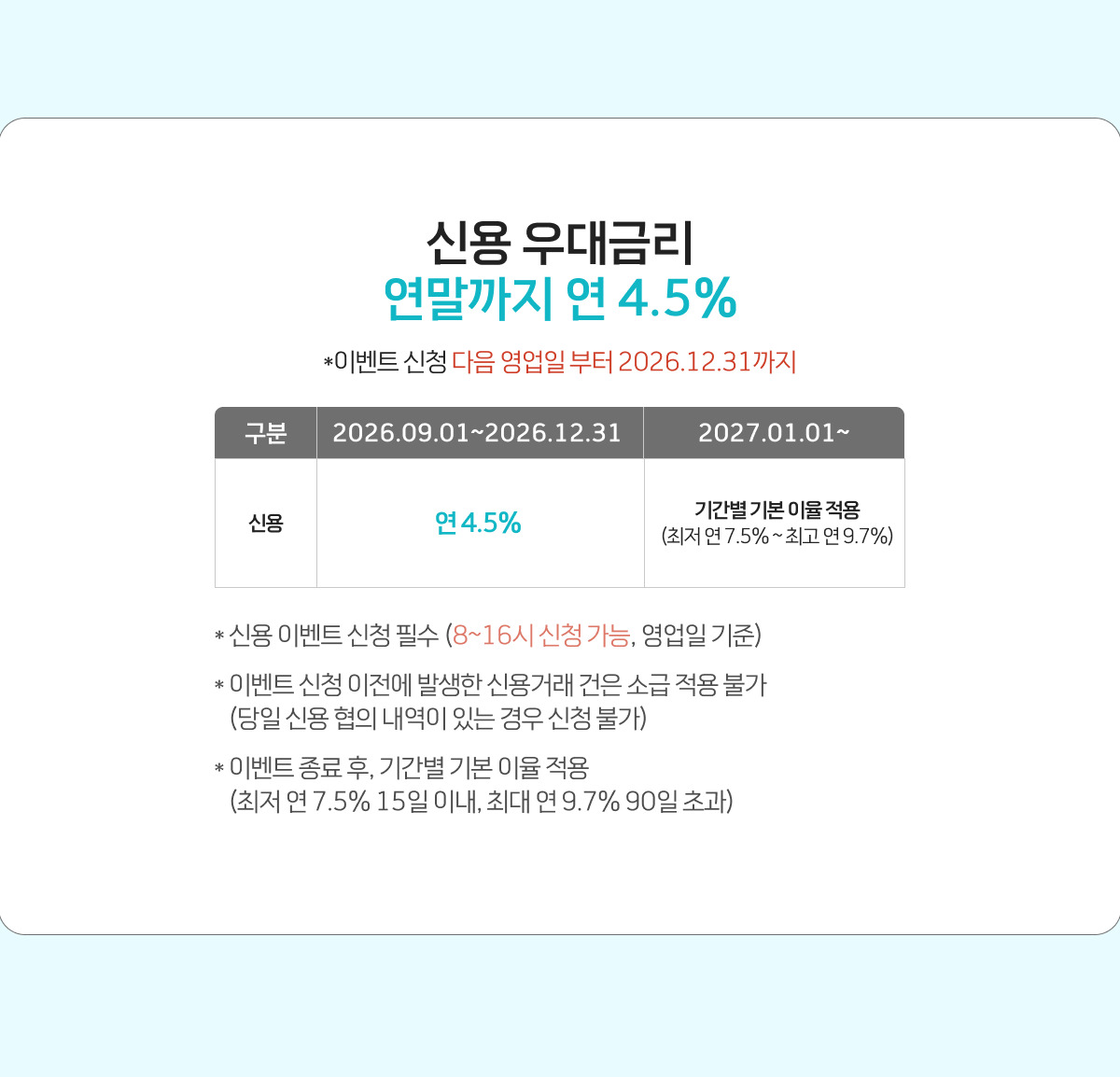 신용 우대금리 연말까지 연 4.5% (이벤트 신청 다음 영업일부터 2026.12.31까지)